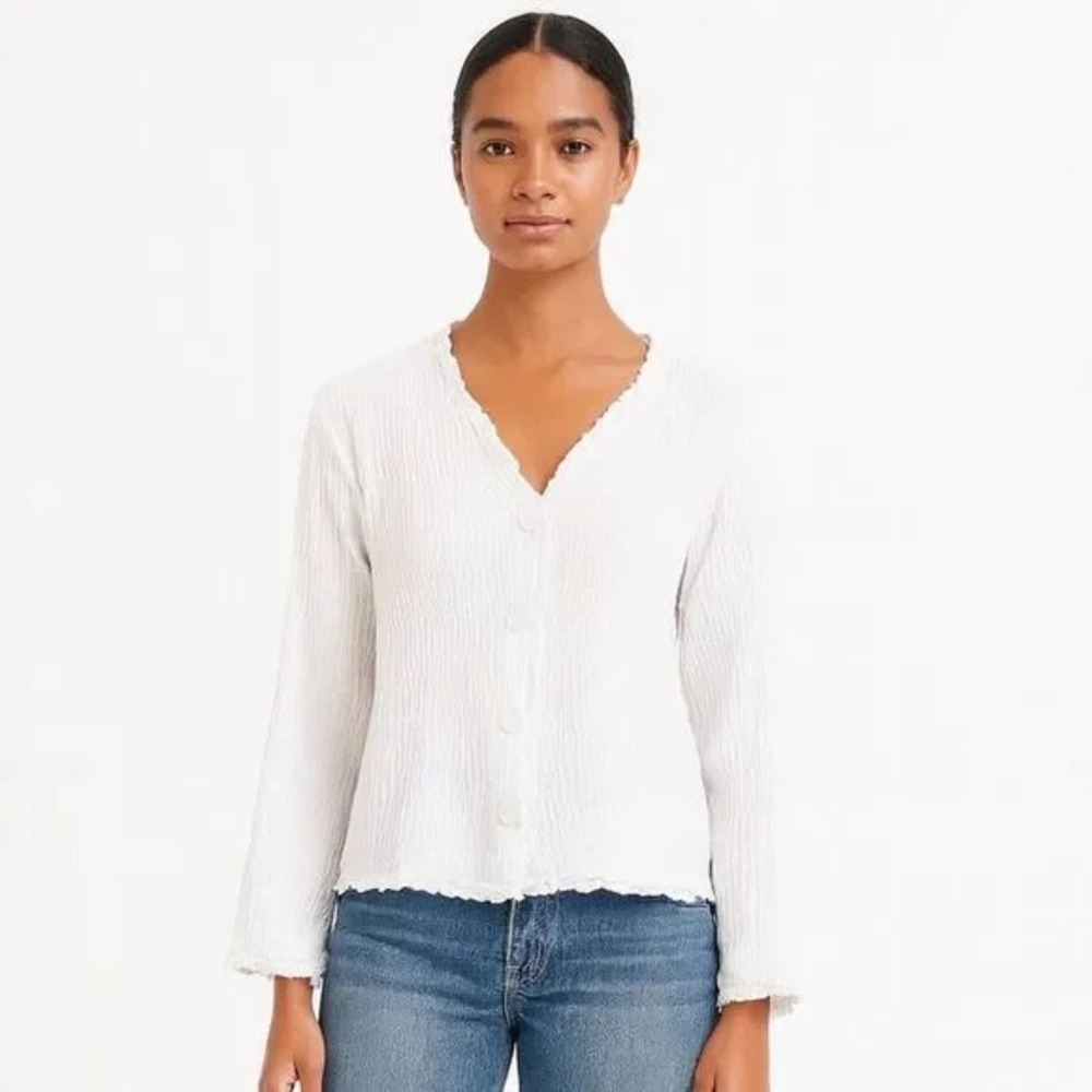 Fresco by Nomadic Traders White Smocked Ruffle Lettuce Edge Cardigan Top, S